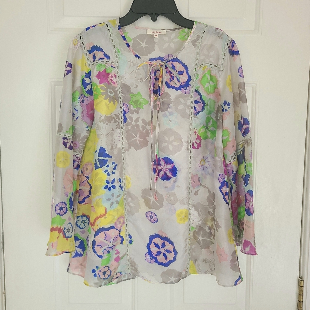 Sundance 100% Silk Multicolor Abstract Floral Blouse XS Flare Sleeve Artsy
